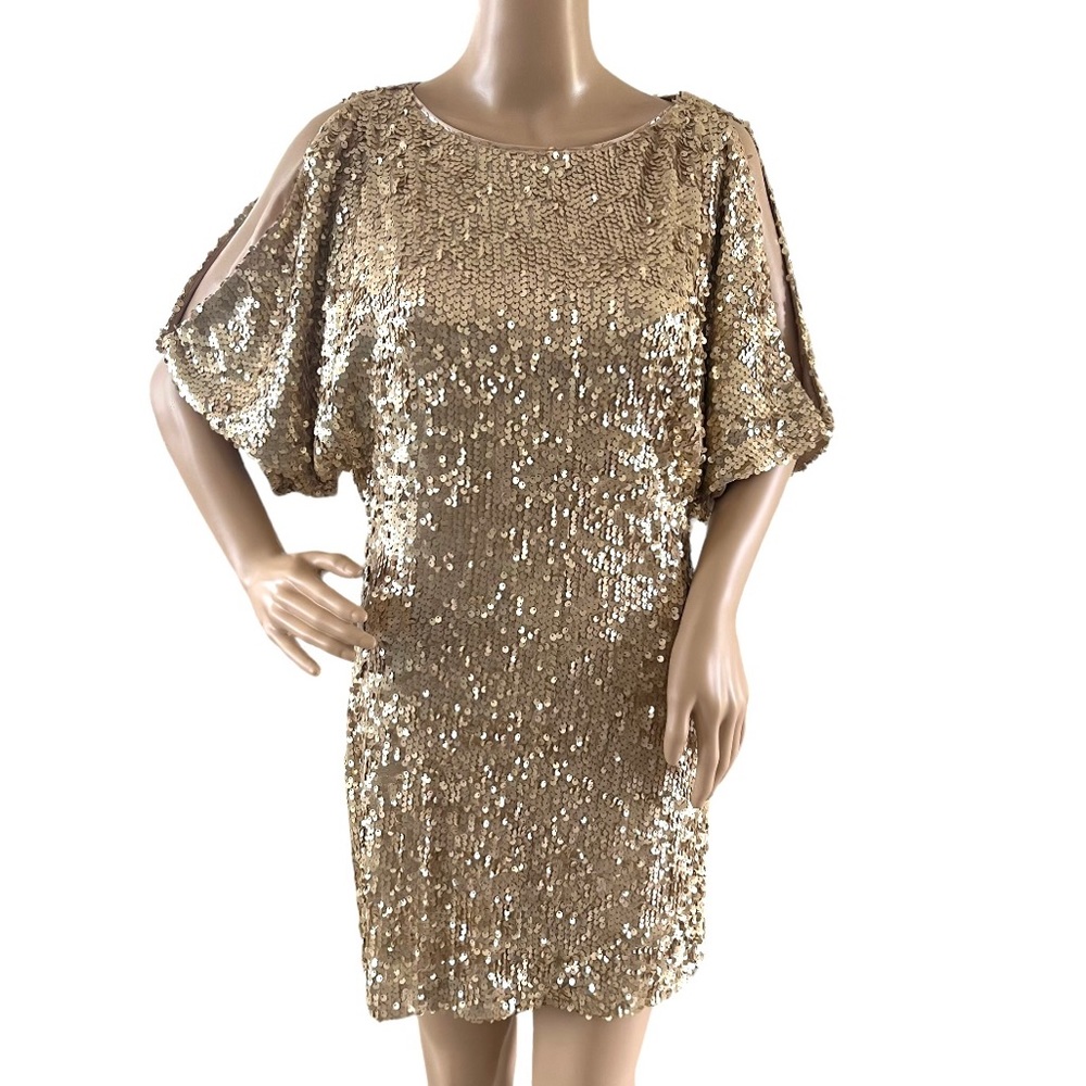 Aqua Dress Gold Sequin Glitter Mini Slit Sleeves